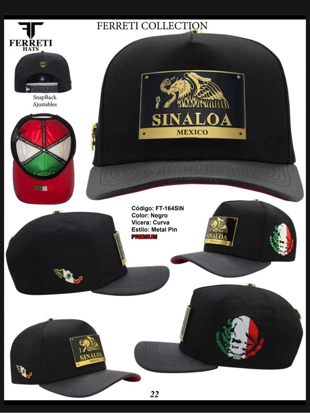 Ferreti Sinaloa Mexico Snapback Hat - Black with Gold Plate